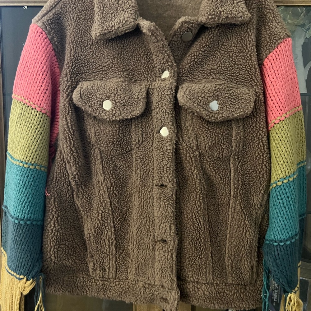 Brown Sherpa Jacket with Multicolor Sleeves